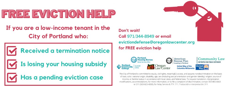 A flyer asking if people need free eviction legal defense and listing the number 971-344-8949 and email evictiondefense@oregonlawcenter.org for free help