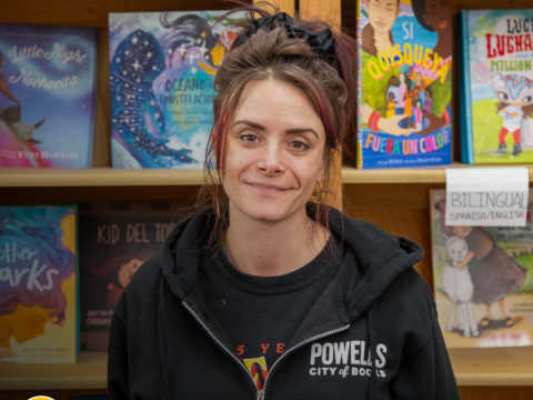 A woman near books